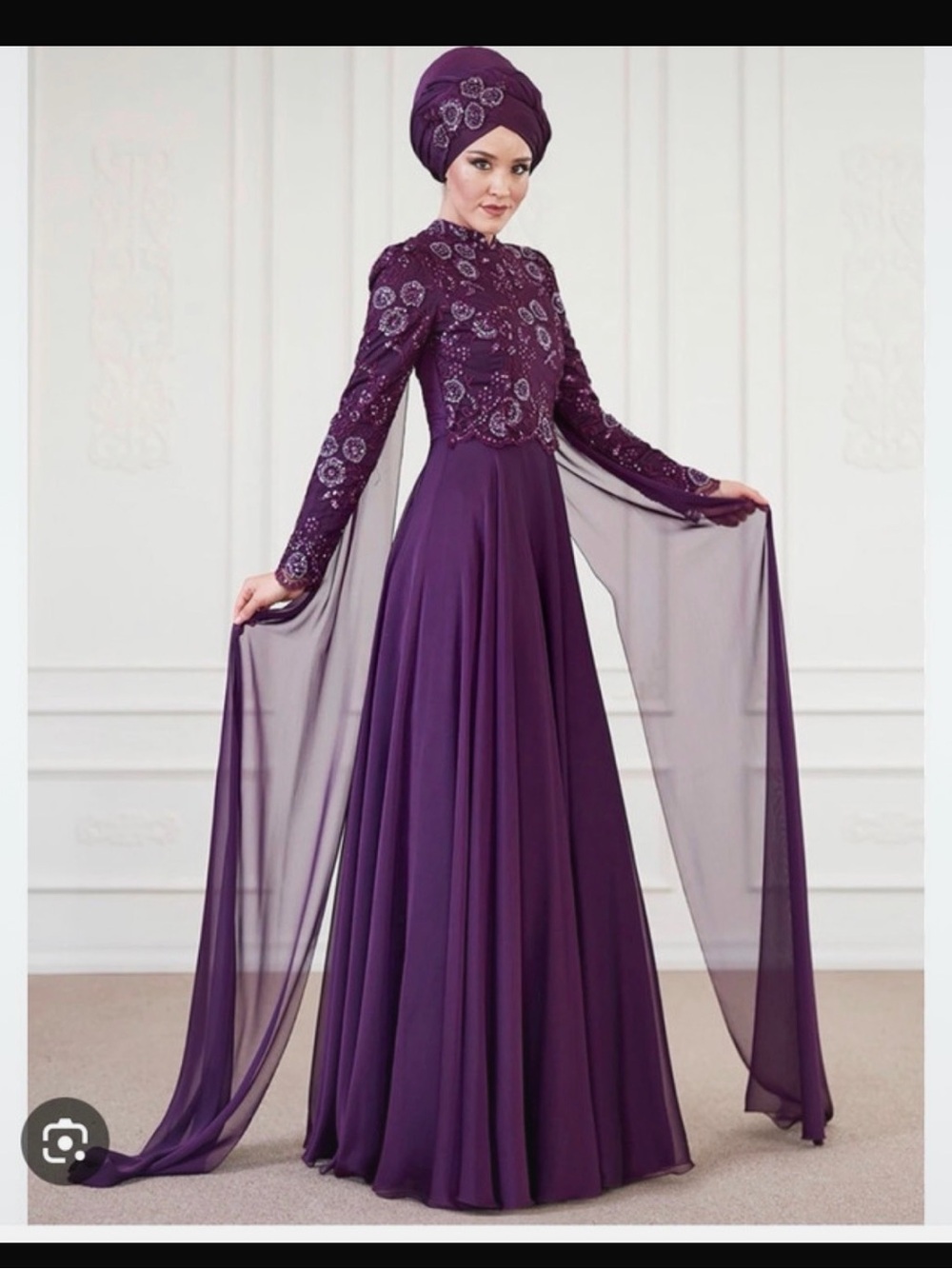 Modest Long Sleeve Embroidered Evening Gown in Plum